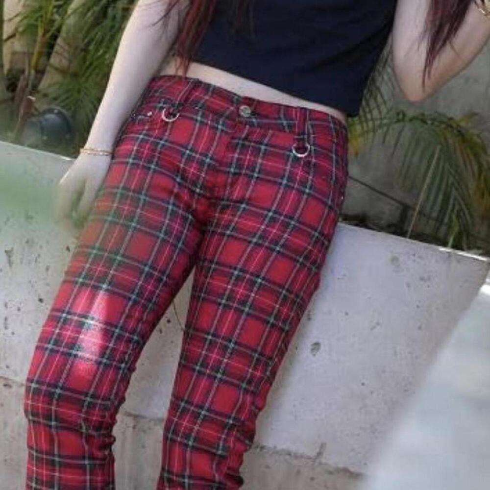 Banned Apparel red punk plaid skinny pants, tartan goth trousers size S Gothic
